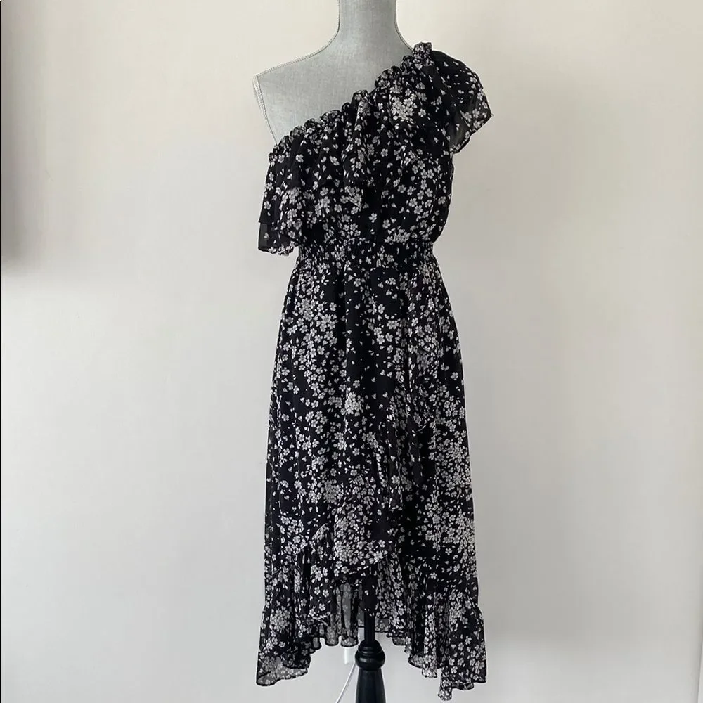 Lulus Floral Black White Ruffled Flounce Midi Dress sz M Sheer Romantic Girly - Picture 2 of 15